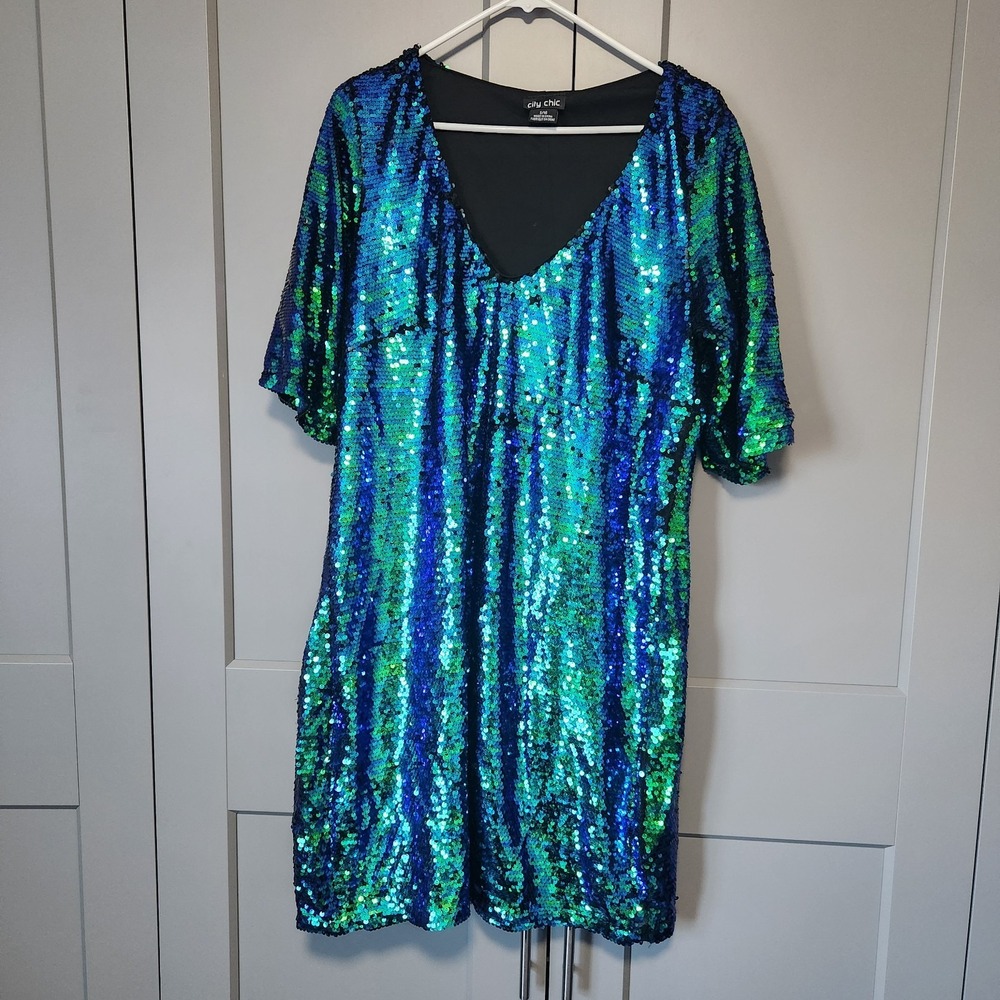 City Chic Teal Blue Green Sequin Shift Dress Size S 16 Plus Mermaidcore Holiday